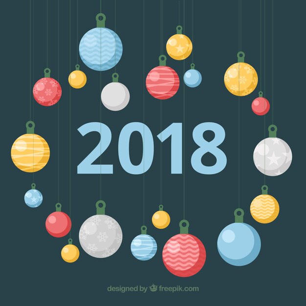 Flat new year 2018 background with christmas balls