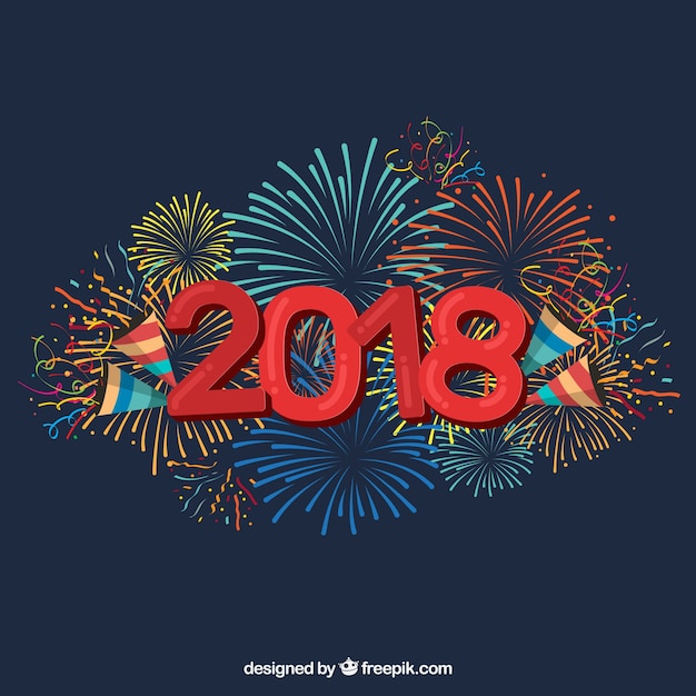 Flat new year 2018 background with fireworks and confetti