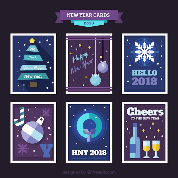 Flat new year 2018 cards in purple