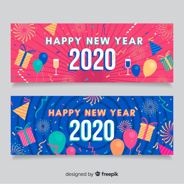 Flat new year 2020 party banners in blue and pink