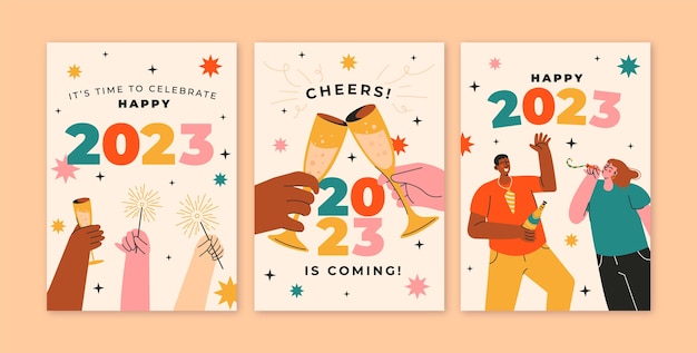 Flat new year 2023 greeting cards set