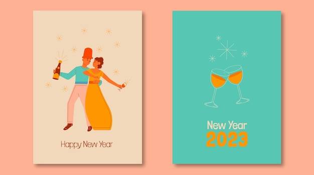 Flat new year 2023 greeting cards set