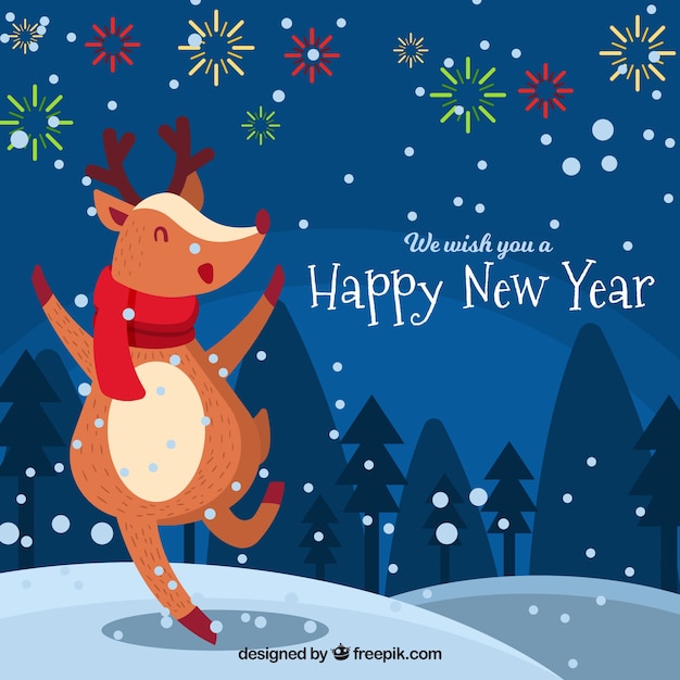 Flat new year background with a reindeer