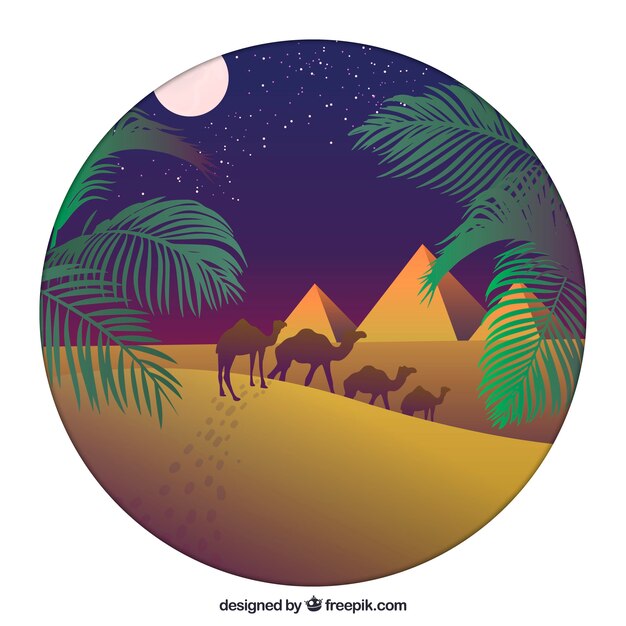 Flat night landscape with egyptian pyramids and caravan of camels