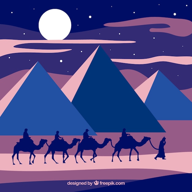 Free Vector flat night landscape with egyptian pyramids and caravan of camels