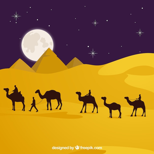 Free Vector flat night landscape with egyptian pyramids and caravan of camels