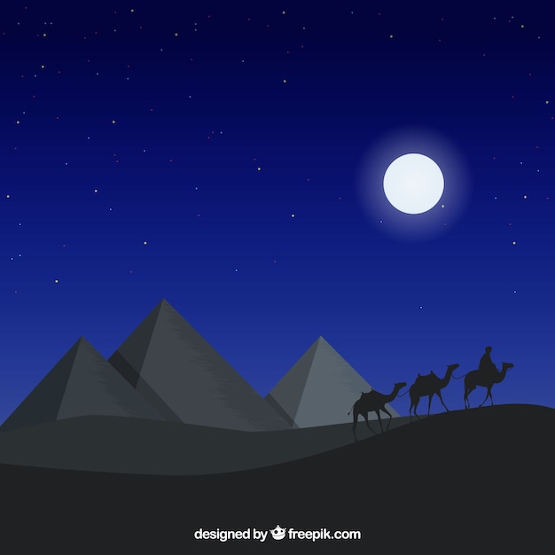 Free vector flat night landscape with egyptian pyramids and caravan of camels