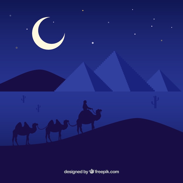 Free vector flat night landscape with egyptian pyramids and caravan of camels