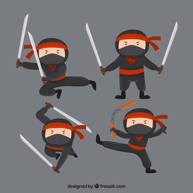 Flat ninja character collection in different poses