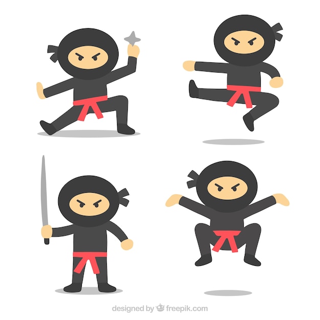 Flat ninja character collection in different poses