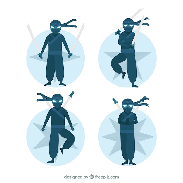 Free vector flat ninja character in different poses