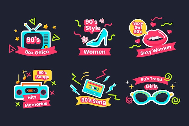 Free Vector flat nostalgic 90's badge pack