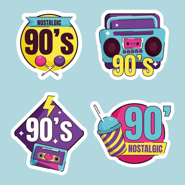 Flat nostalgic 90's badges collection