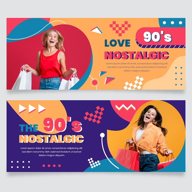 Flat nostalgic 90's banners with photo