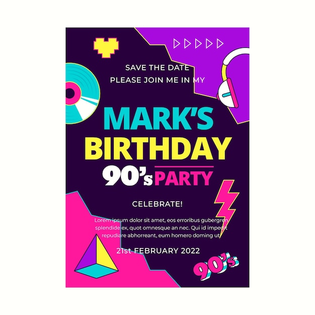 Flat nostalgic 90's birthday invitation template