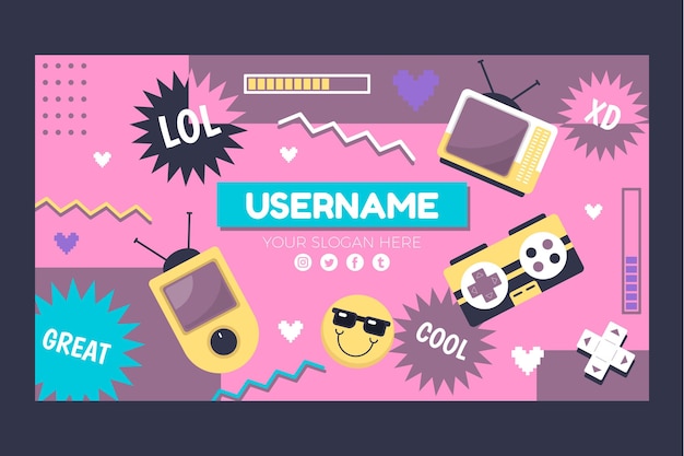 Free vector flat nostalgic 90's youtube channel art template