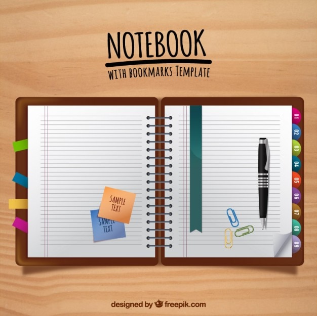 Free vector flat notebook with bookmarks and pen with post-its