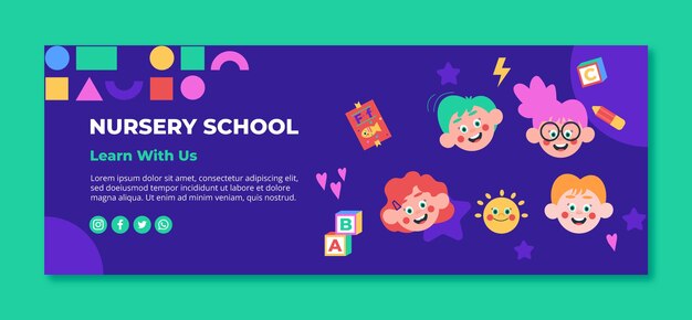 Flat nursery school social media cover template