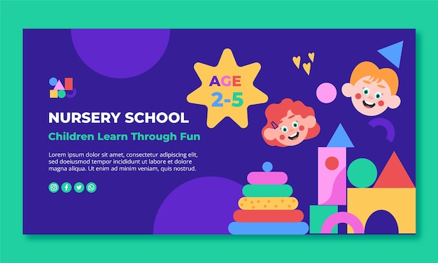 Flat nursery school social media promo template