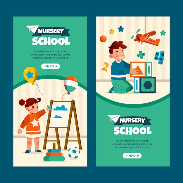 Flat nursery school vertical banners set