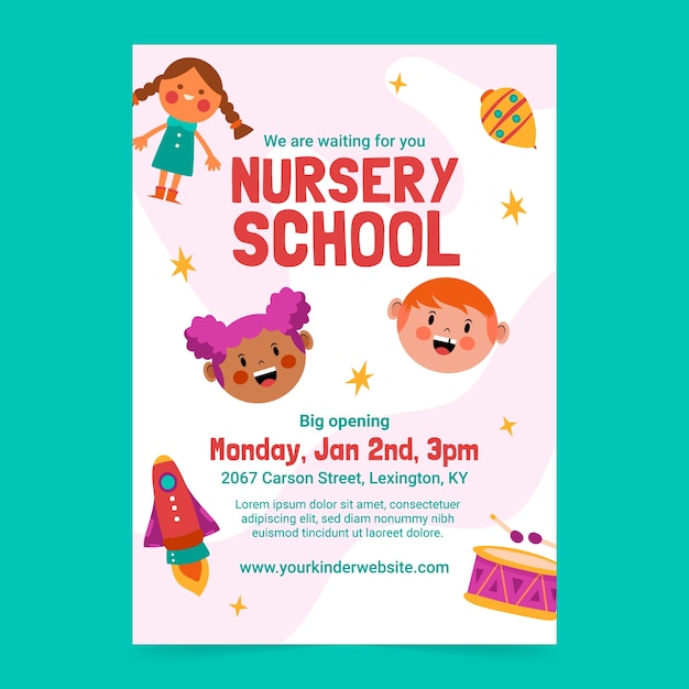 Flat nursery school vertical poster template