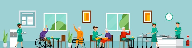 Flat nursing home characters composition with nursing home environment helping the elderly and assisting as needed illustration