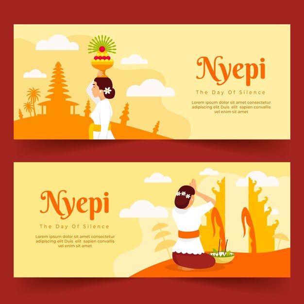 Flat nyepi horizontal banners set