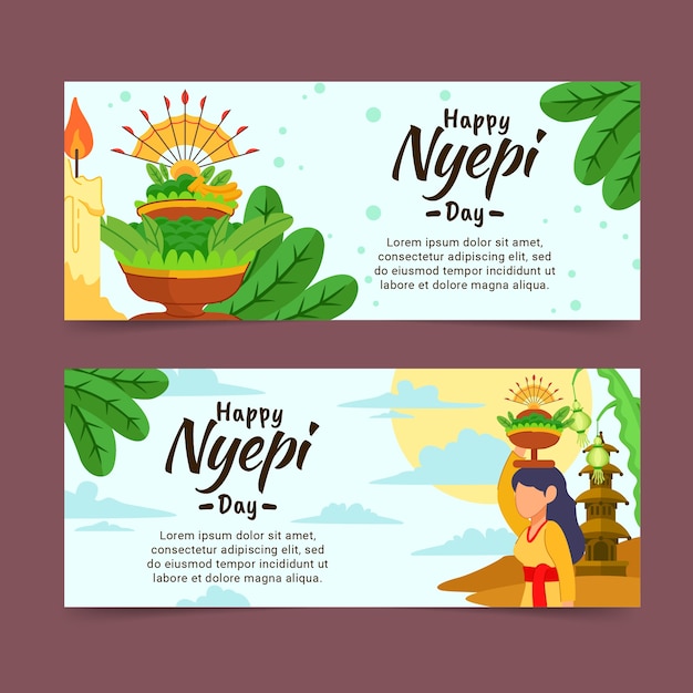 Flat nyepi horizontal banners set