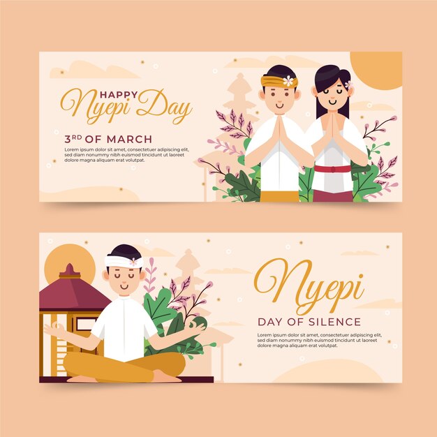 Flat nyepi horizontal banners set