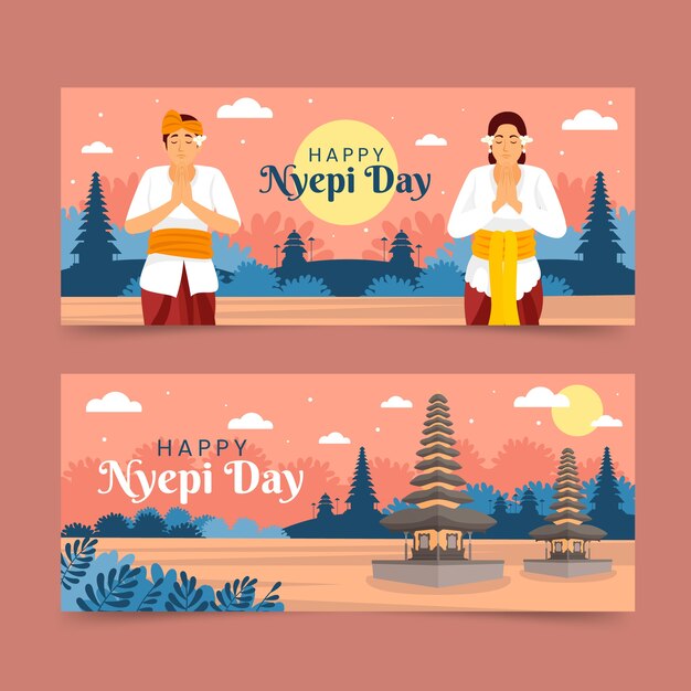 Flat nyepi horizontal banners set