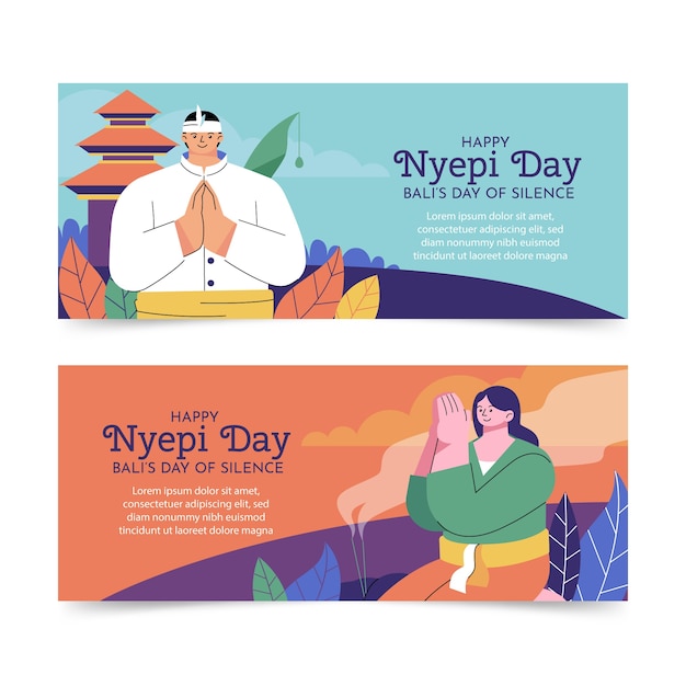 Flat nyepi horizontal banners set