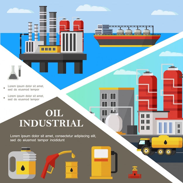 Flat oil industry colorful template with tanker petrochemical plant fuel truck canister pipeline valve gas station pump nozzle