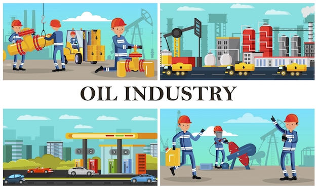 Flat oil industry composition with industrial workers performing different actions on petrochemical plant fuel trucks and gas station in city