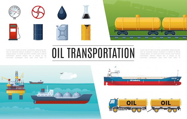 Flat oil industry elements set with truck gas station tanker valve manometer barrel canister gasoline tanks sea drilling rig 