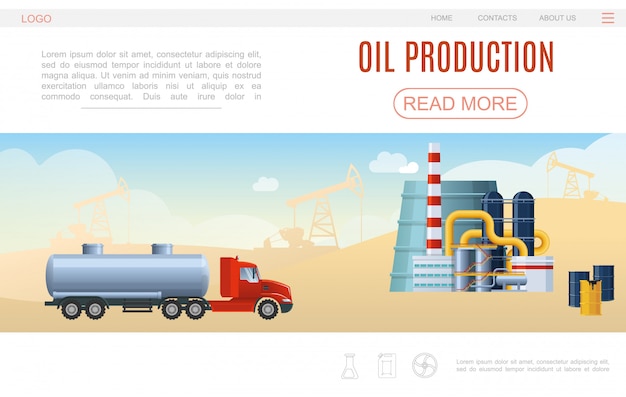 Free vector flat oil industry web page template with tank truck petrochemical plant barrels drilling rigs silhouettes