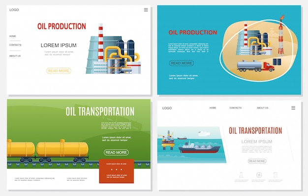 Flat oil industry websites set with refinery plant railroad gasoline tanks truck derrick tanker ship sea drilling rig 