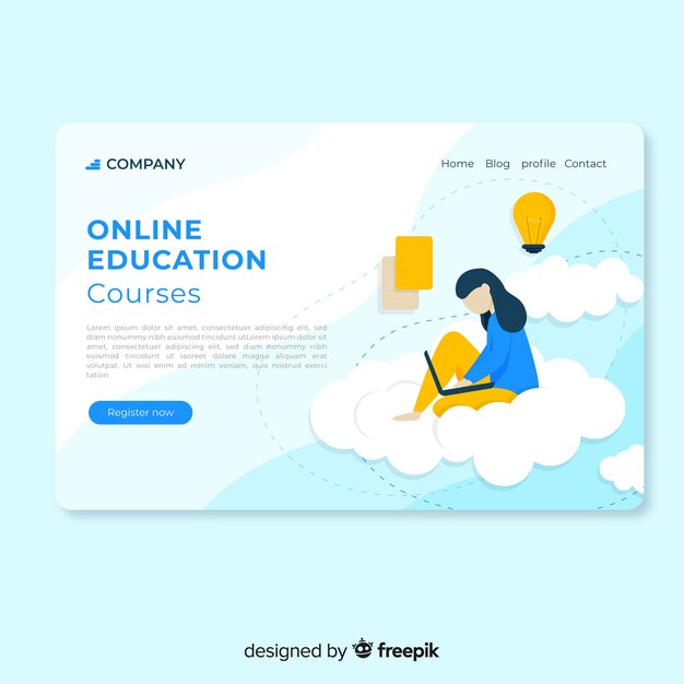 Flat online education landing page girl using laptop