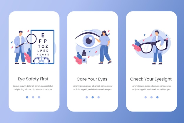 Flat ophthalmologist doctor with magnifier in hands check eyesight. Eye testing or vision correction vector website template. Care eyes concept with drops and eyeglasses. Landing page design for app.