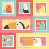 Free vector flat pack of colored stamps with birds