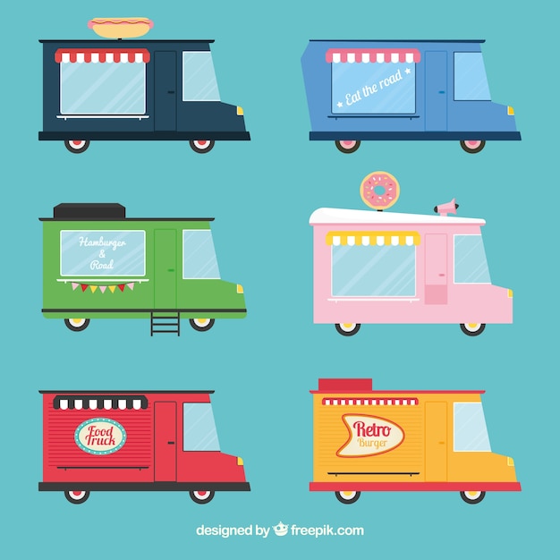 Free vector flat pack of colorful food trucks