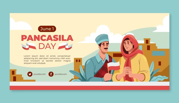 Free Vector flat pancasila day horizontal banner template with people and flag