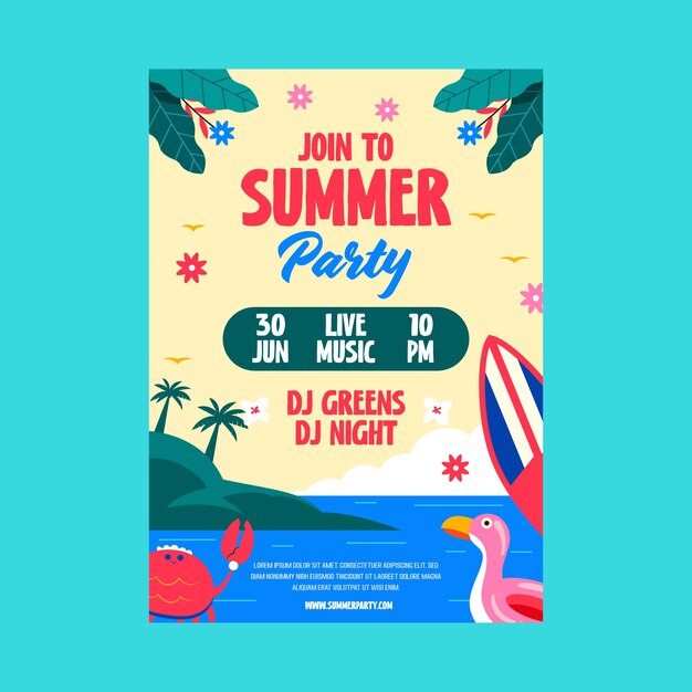 Flat party poster template for summer season