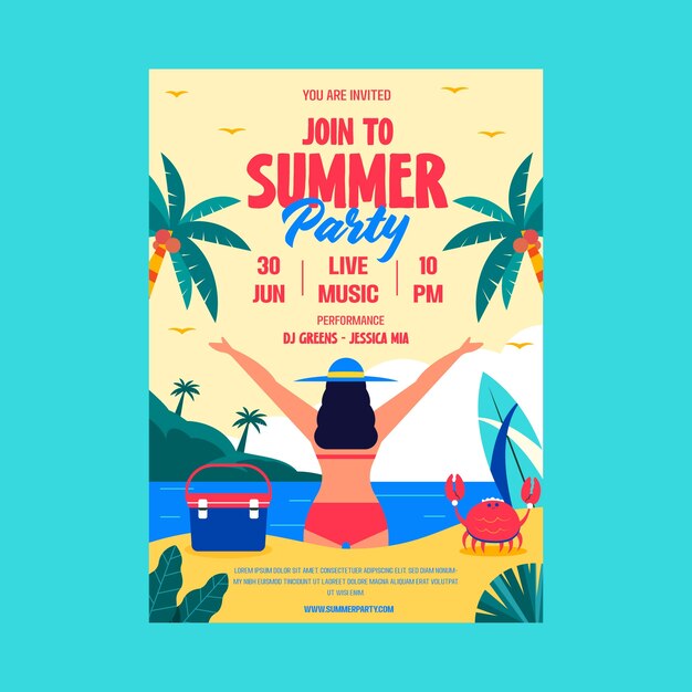 Flat party poster template for summer season