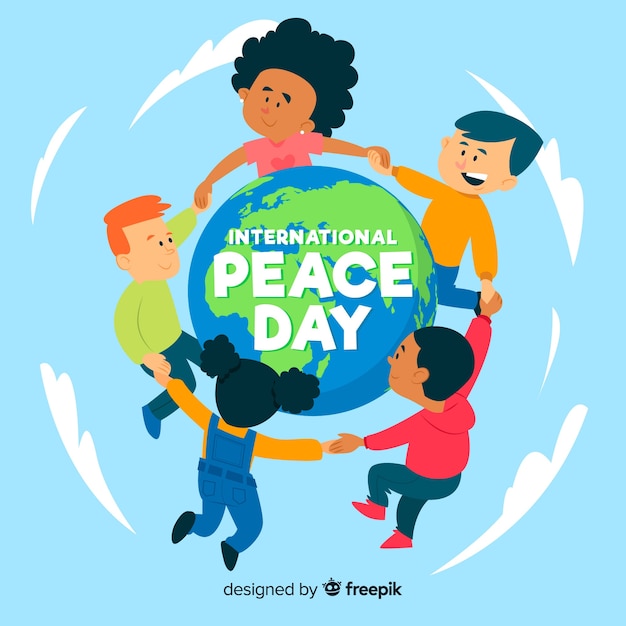 Flat peace day background with children