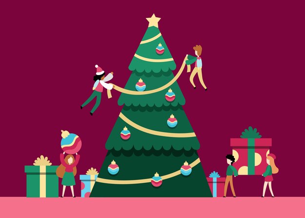 Flat people decorating christmas tree