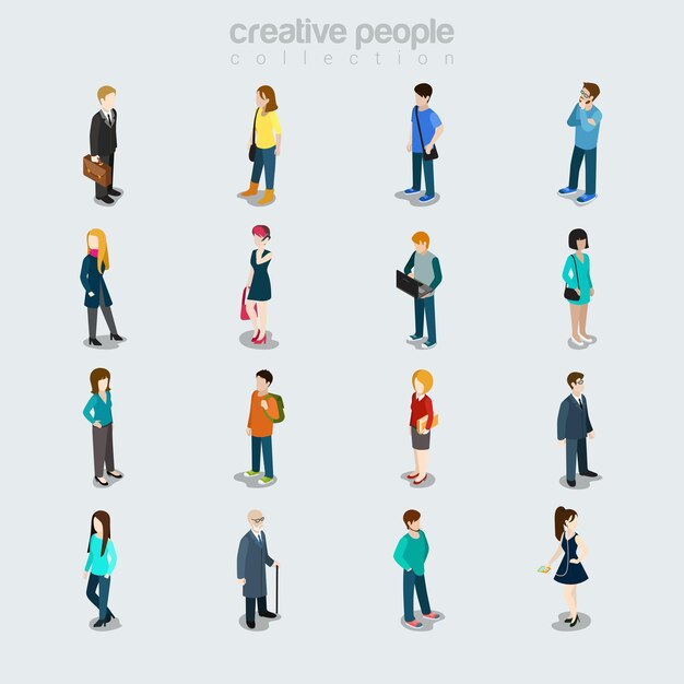 Flat People diverse by job, sex, age, and style set. Isolated icons. Society members variety concept. Businessman, student, young beauties, oldie, casual clothing.