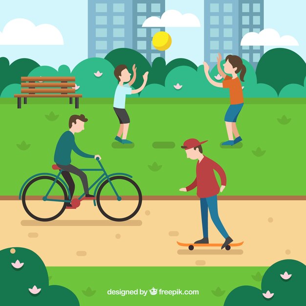 Flat people doing leisure outdoor activities