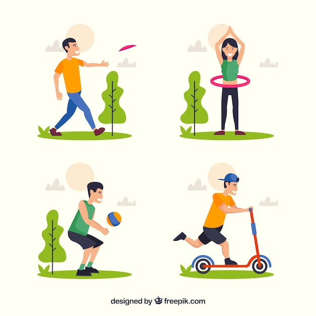 Flat people doing leisure outdoor activities