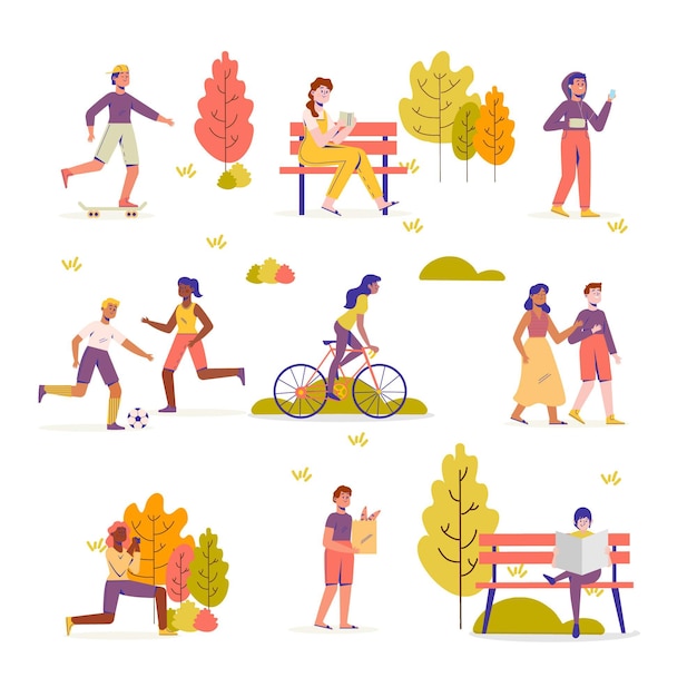 Flat people doing outdoor activities