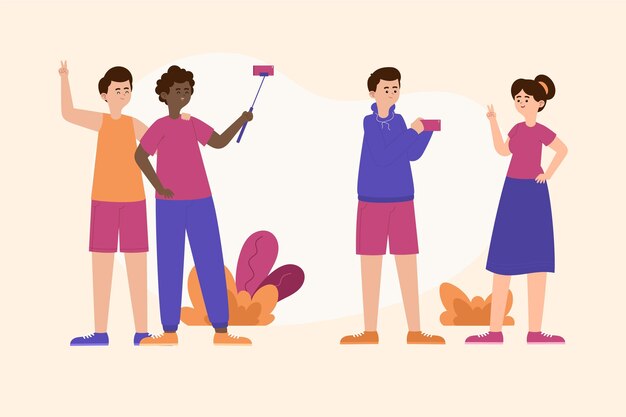 Flat people group taking photos with selfie stick